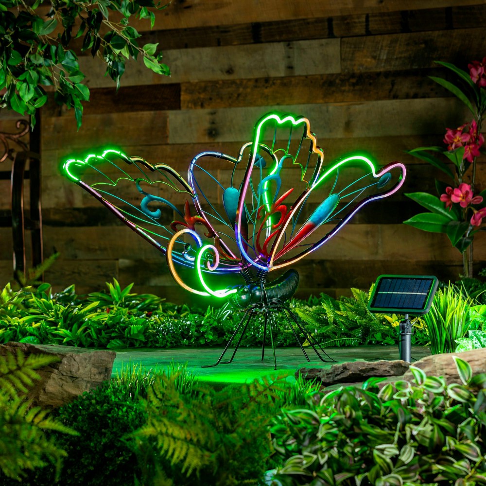 Animated Solar Butterfly Garden Statue with Neon Lights | Plow & Hearth