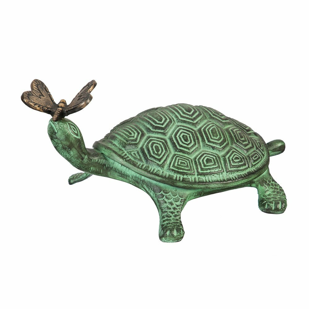 Tropical Oasis Garden Statue, Verdigris Metal Turtle and Butterfly, 14 | Plow & Hearth
