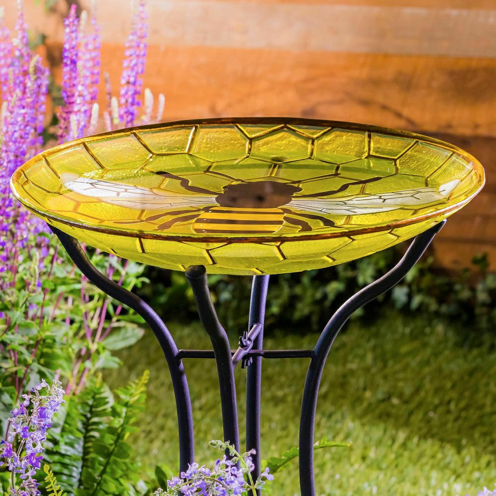 Happy Honey Bee Glass Birdbath Basin | Plow & Hearth