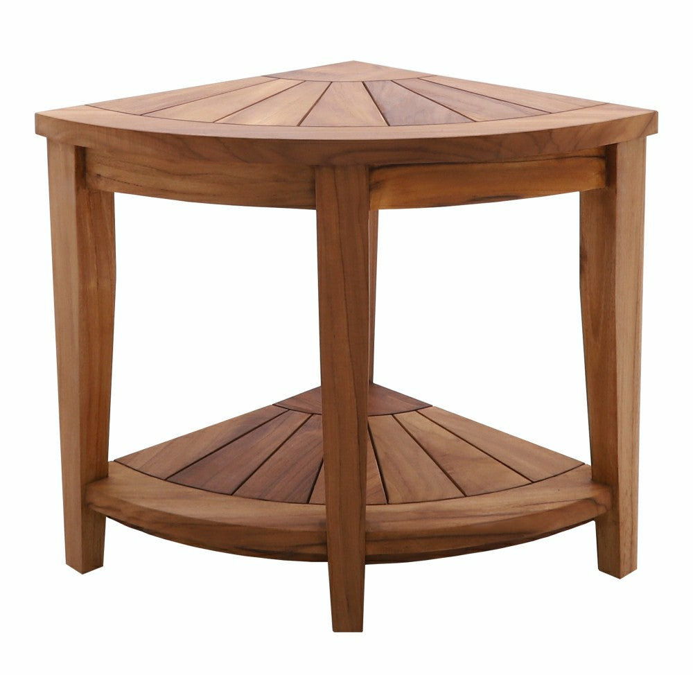 Tanzania Oiled Teak Shower and Bath Corner Stool with Shelf - 17.5" | Plow & Hearth