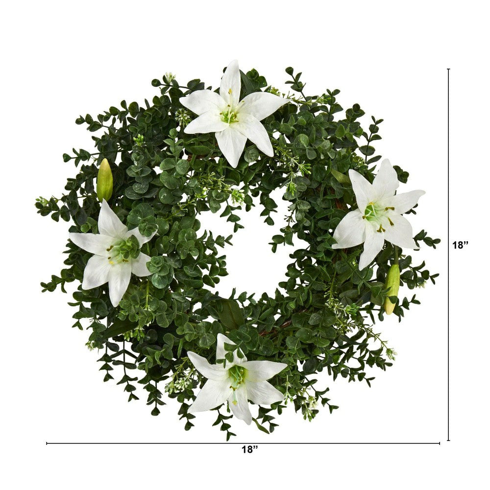 18” Eucalyptus and Lily Double Ring Artificial Wreath with Twig Base | Plow & Hearth