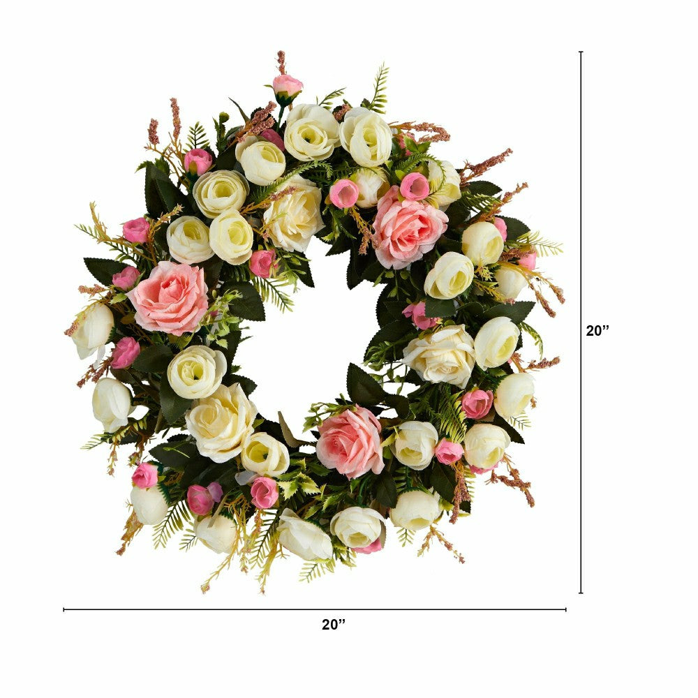 White & Pink Rose Artificial Wreath, 20” | Plow & Hearth