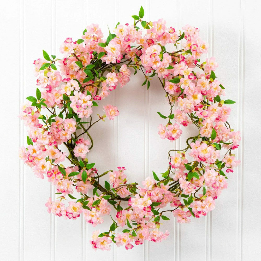 Artificial Pink Cherry Blossom Wreath, 30” | Plow & Hearth