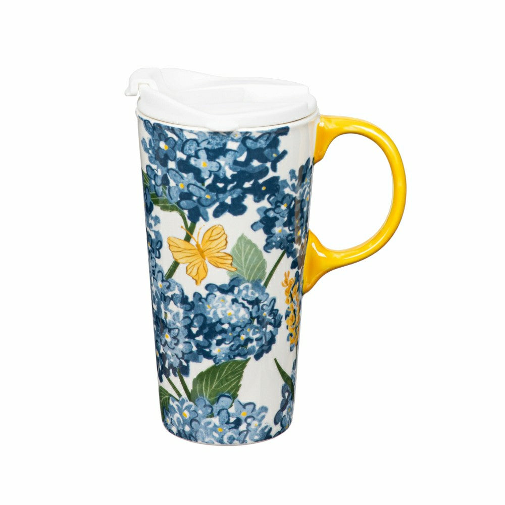 Seaside Retreat Travel Cup Ceramic Perfect Cup, Blue Hydrangeas, 17oz, | Plow & Hearth