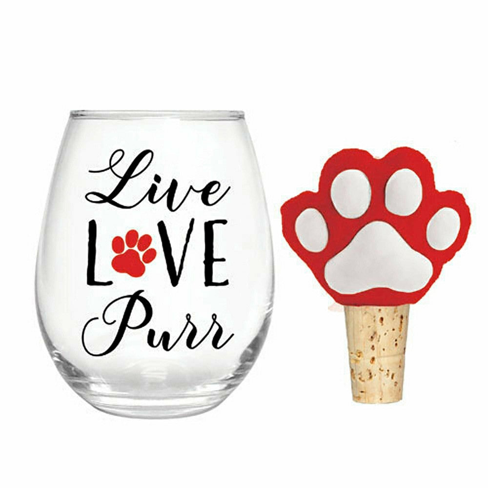 17 OZ Stemless Glass with Paw Print Stopper, Live Love Purr, Gift Set | Plow & Hearth