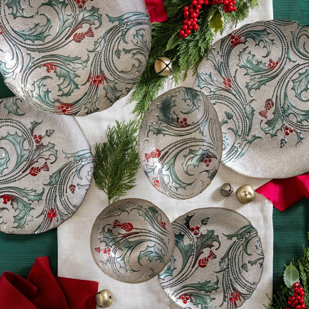 Joyful Traditions Holly 11.5" Glass Serving Bowl, Set of 4 | Plow & Hearth