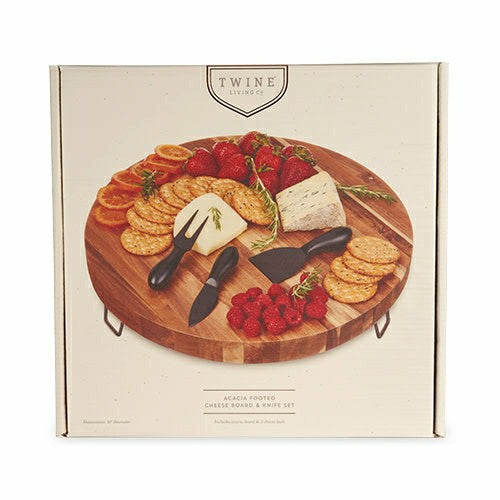 Acacia Footed Cheese Board & Knife Set | Plow & Hearth
