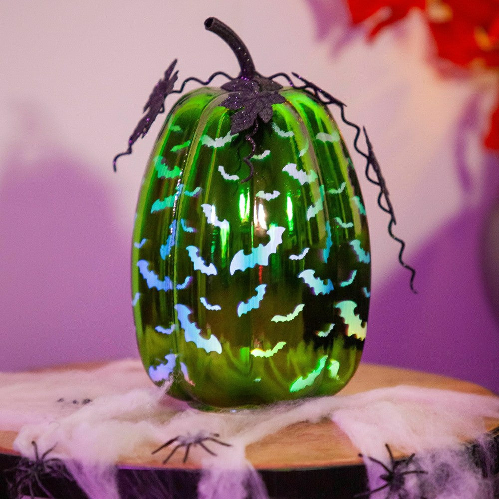 Mercury Glass Lighted Green Pumpkin with Bats | Plow & Hearth