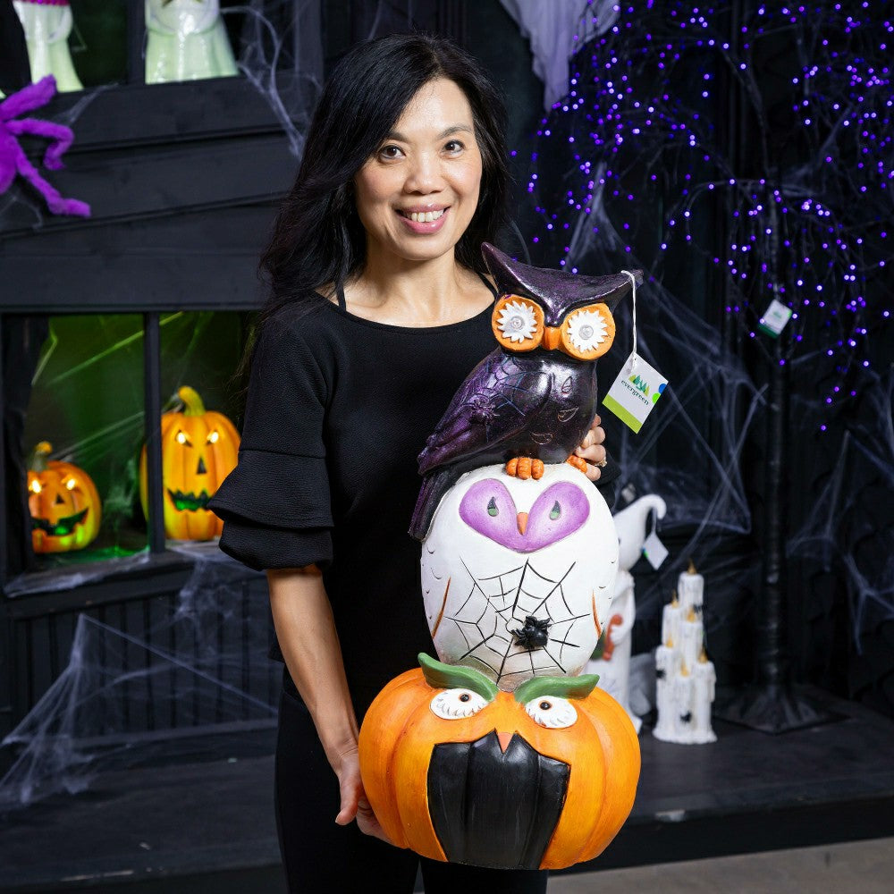Stacked Owl and Jack O'Lantern Pumpkin LED Statue, 24"H | Plow & Hearth