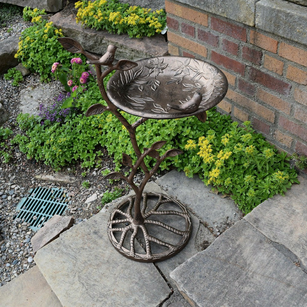 Cast Aluminum 33-in Metal Bird Bath with Branch and Two Birds | Plow & Hearth