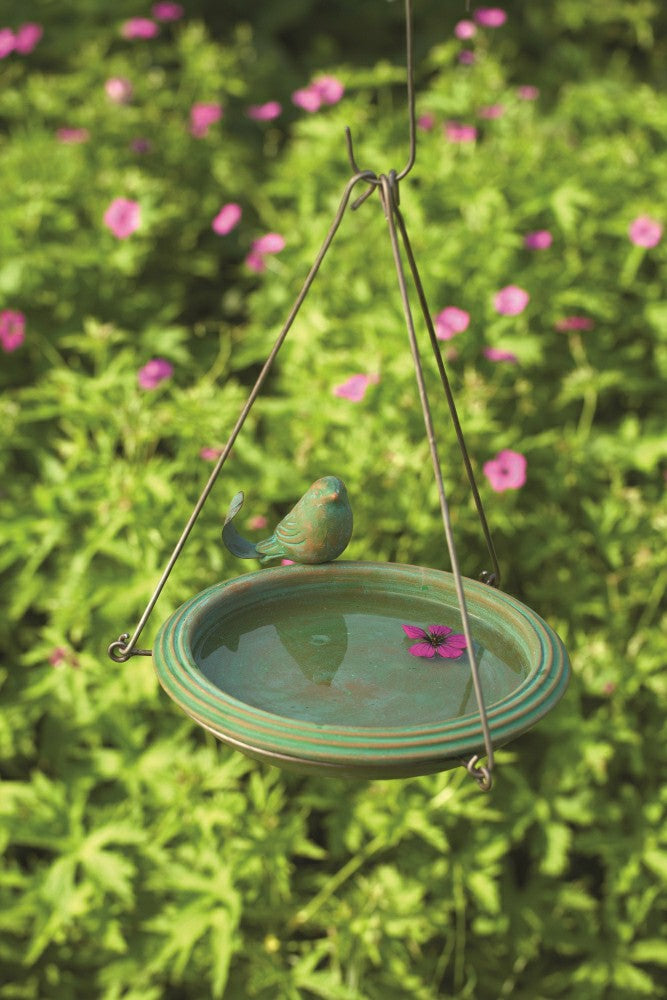 Terracotta Teal Round Hanging Bird Bath | Plow & Hearth