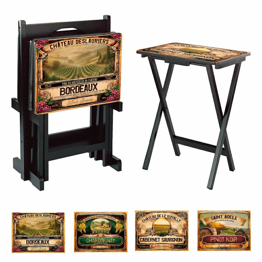 Classic Wine Label Wooden Set of 4 TV Tray Tables with Stand | Plow & Hearth