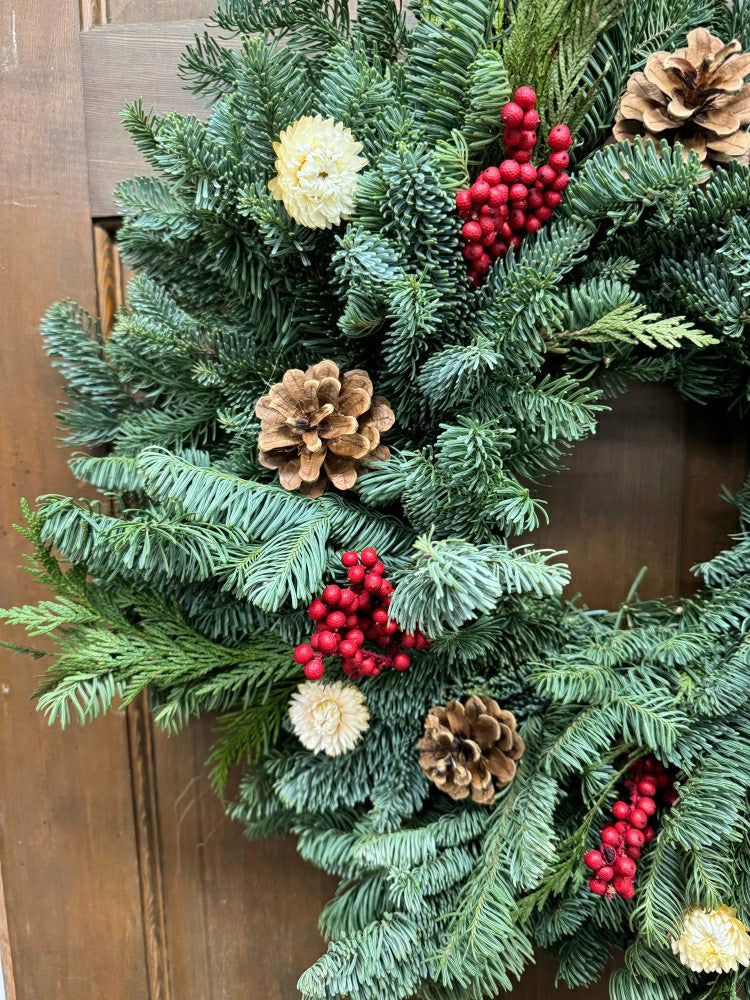 Noble Fir and Red Berries Fresh Wreath, 20" | Plow & Hearth