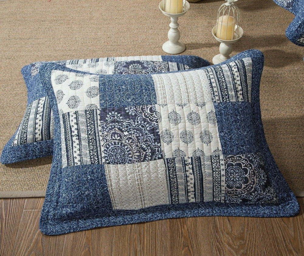 Bohemian Denim Blue Elegance Patchwork Cotton Bedspread Set | Plow & Hearth