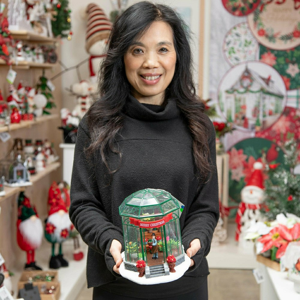 Holly Homestead LED Table Decor Resin Greenhouse with Music, 7.5" | Plow & Hearth