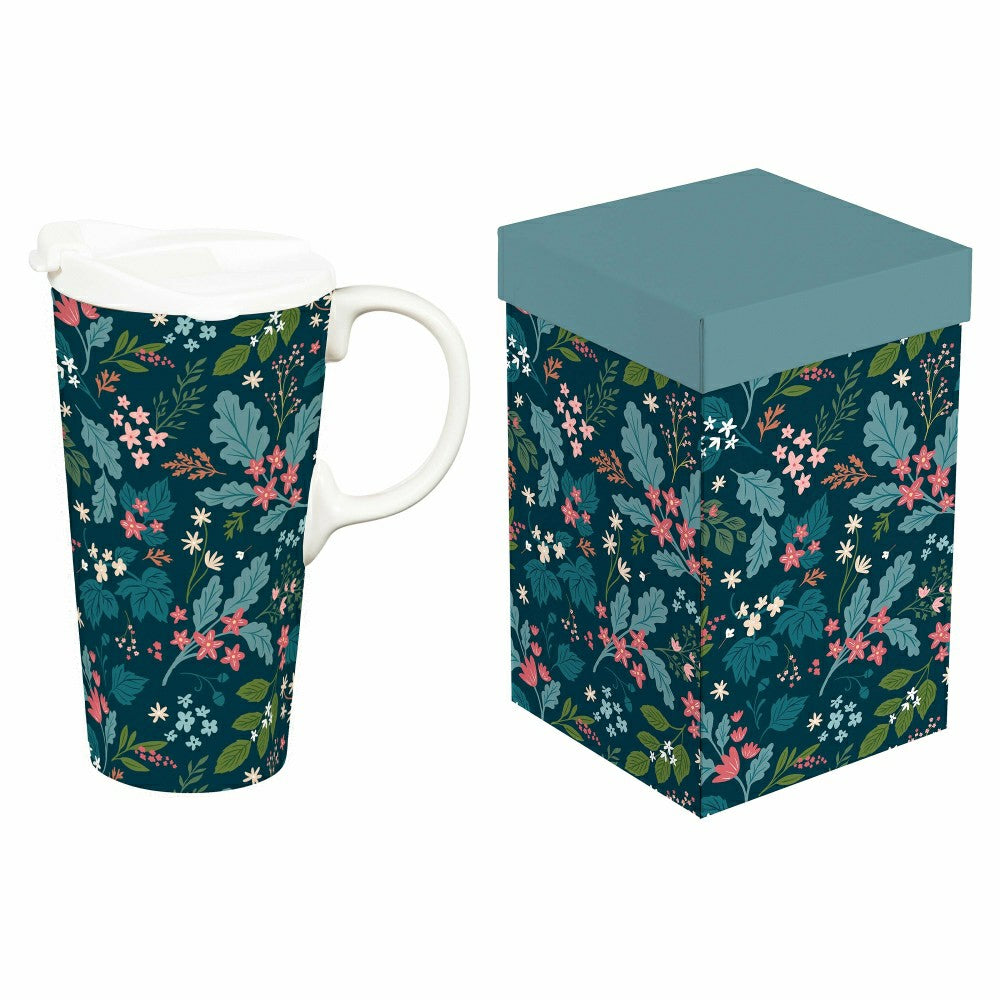 Bursting Botanicals Travel Cup Ceramic Perfect Cup, 17oz, Gift Box | Plow & Hearth