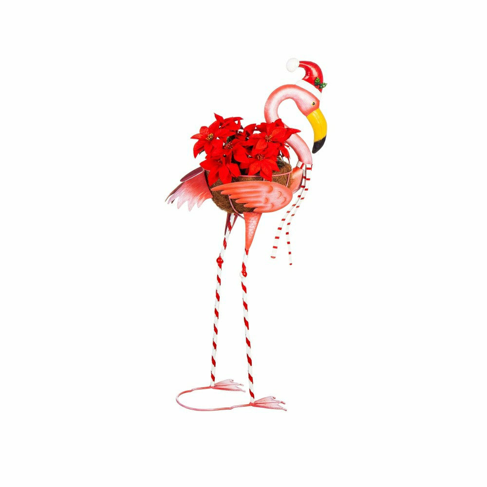 Metal Winter Flamingo Planter with Santa Hat, 39"H | Plow & Hearth