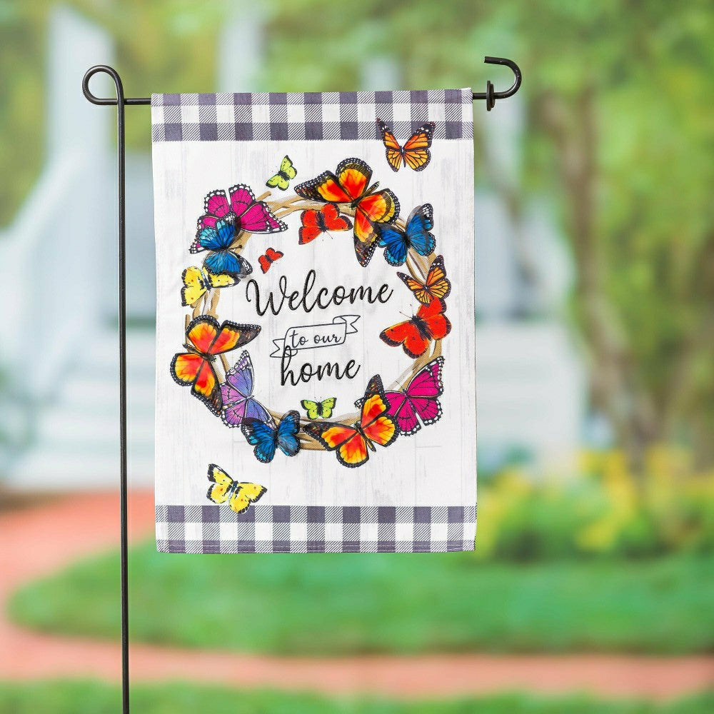 Butterfly Welcome Wreath Linen Garden Flag | Plow & Hearth