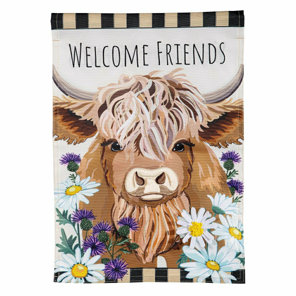 Hillside Pasture Highland Cow Welcome Friends Applique Garden Flag | Plow & Hearth