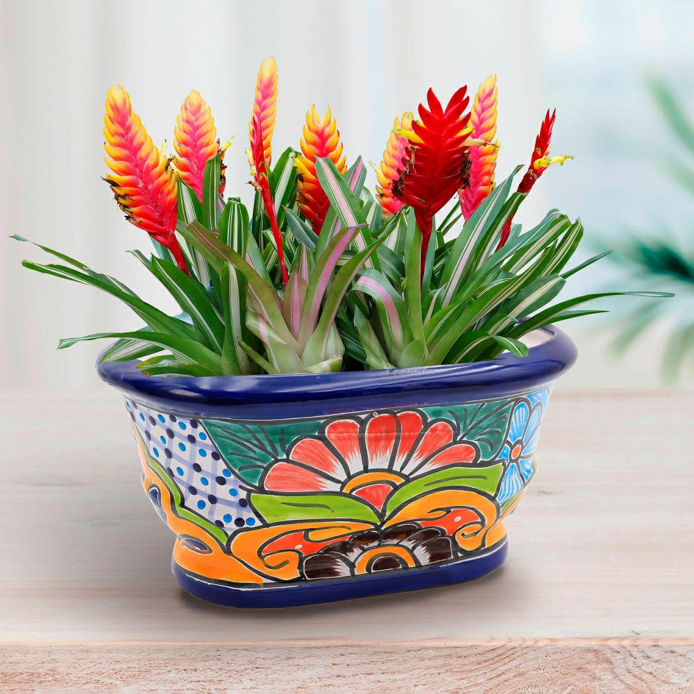 12" White And Navy Talavera Ledge Planter | Plow & Hearth