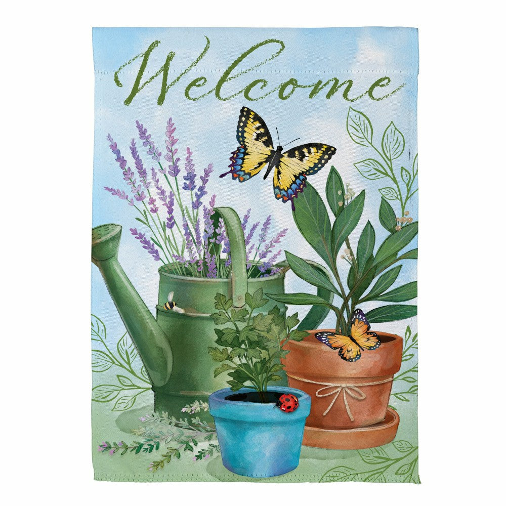 Cottage Garden Watering Can & Plants Suede Garden Flag | Plow & Hearth