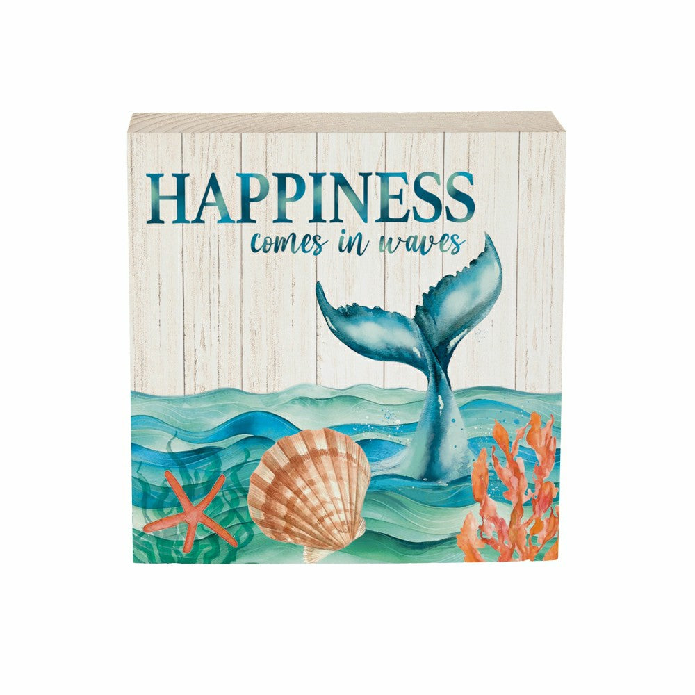 Blue Coastal Happiness Waves Sign Wood Block "Happiness", 6"x6" | Plow & Hearth