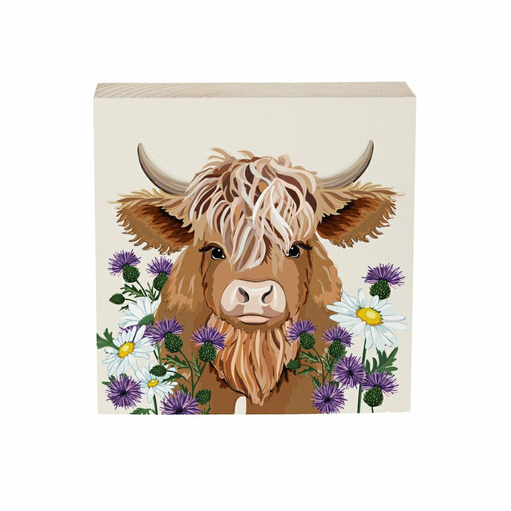 Petal & Plow Highland Cow Sign Wood Block, 6"x6" | Plow & Hearth