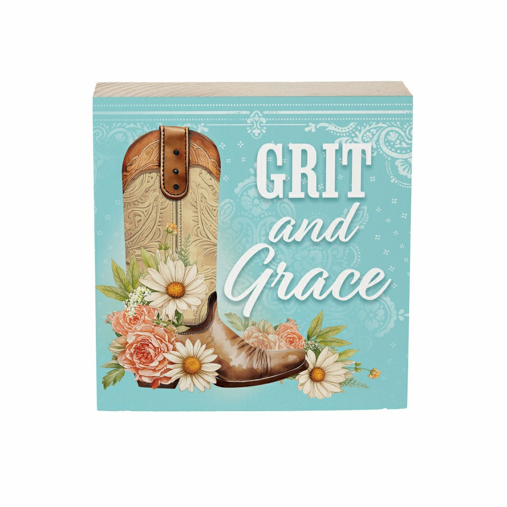 Petal & Plow Cowboy Boot Sign Wood Block "Grit and Grace", 6"x6" | Plow & Hearth