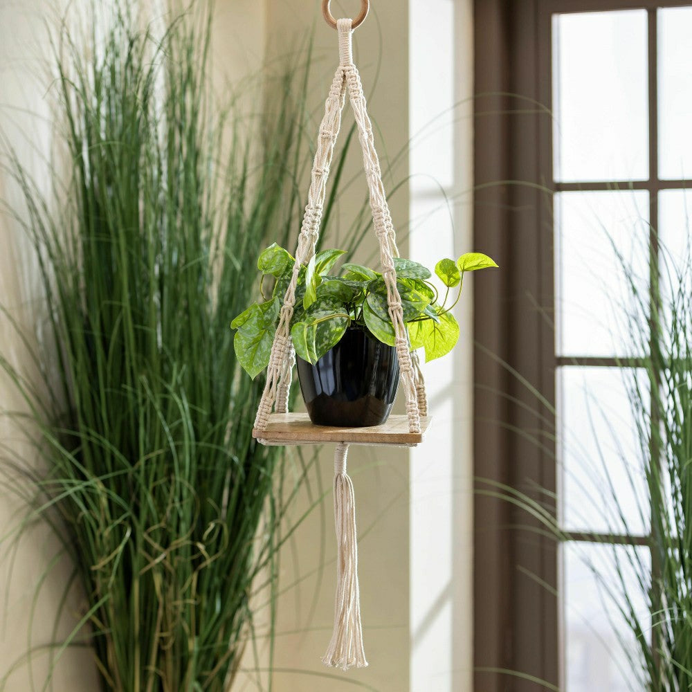 VivaStyle Plant Stand, Macrame & Wood, Hanging Plant Stand, 32" H, Set | Plow & Hearth