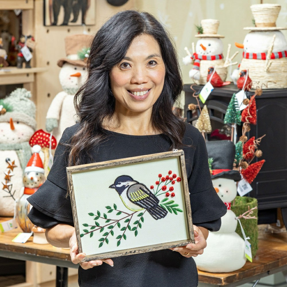 Woodland Storybook Indoor Wall Decor, Textile Beaded Chickadee with Wo | Plow & Hearth