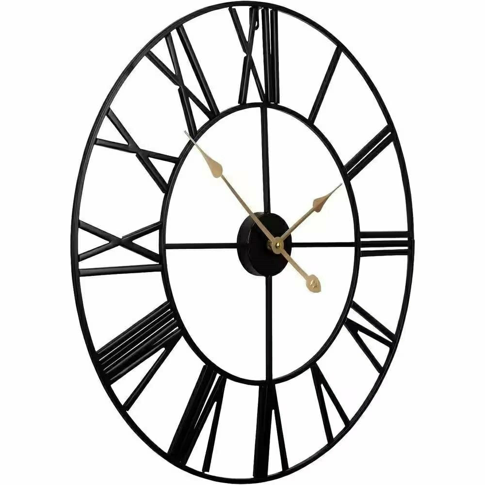 Round 24-inch Black Metal Roman Numeral Wall Clock with Gold Hands | Plow & Hearth