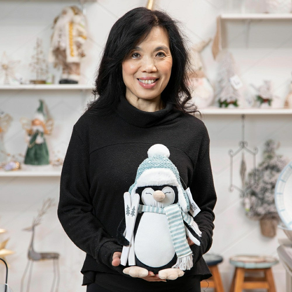 Season to Sparkle Table Decor Fabric Penguin with Skis, 12.5" | Plow & Hearth