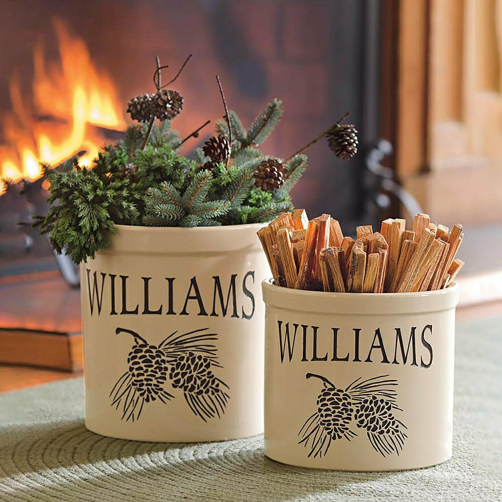 Handcrafted USA-Made Double Pinecone Personalized 2 Gallon Crock | Plow & Hearth