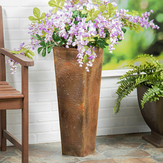Embossed Metal Front Door Planter, Burnt Copper Sunflowers | Plow & Hearth
