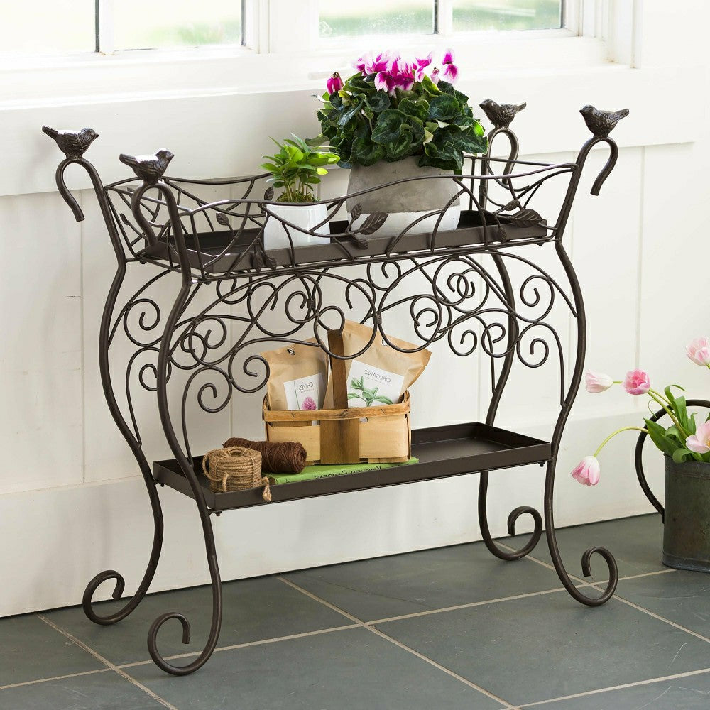 Two-Shelf Cast Iron Plant Stand with Birds | Plow & Hearth