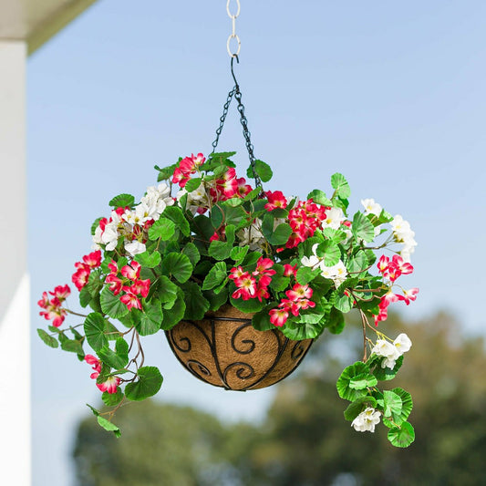 Everlasting Faux Red & White Geranium Hanging Basket | Plow & Hearth