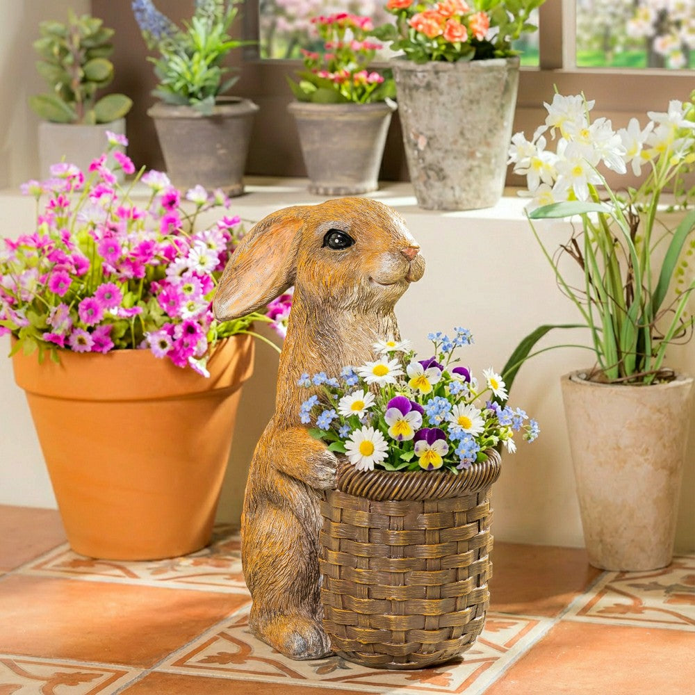 Rabbit with Flower Pot Resin Garden Statue | Plow & Hearth