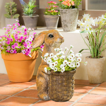 Rabbit with Flower Pot Resin Garden Statue | Plow & Hearth