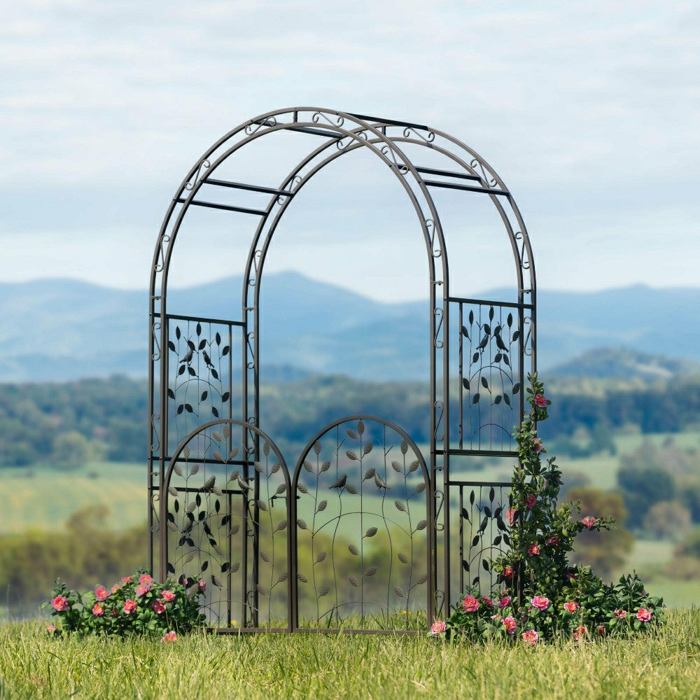 Metal Arched Birds and Leaves Garden Arbor with Gate | Plow & Hearth