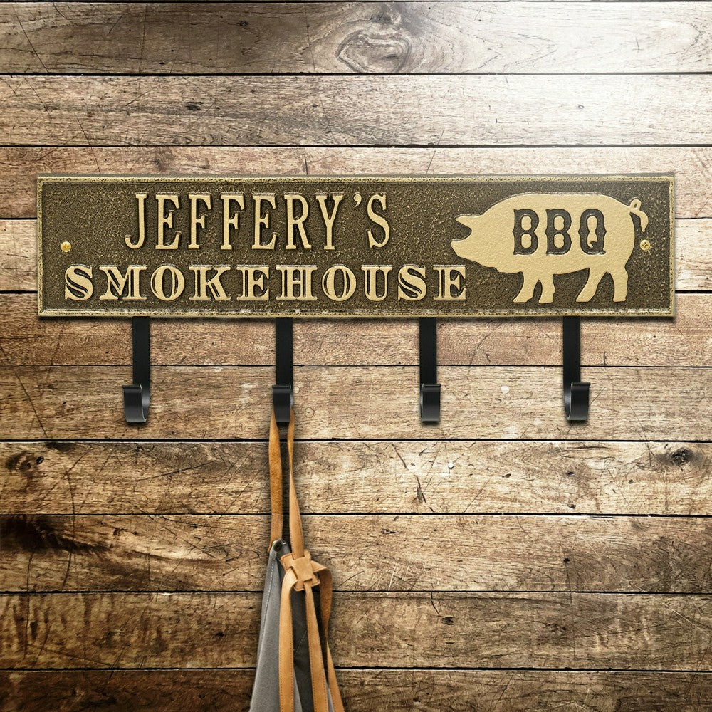 Smokehouse BBQ Rectangle Hook Plaque, Antique Brass | Plow & Hearth