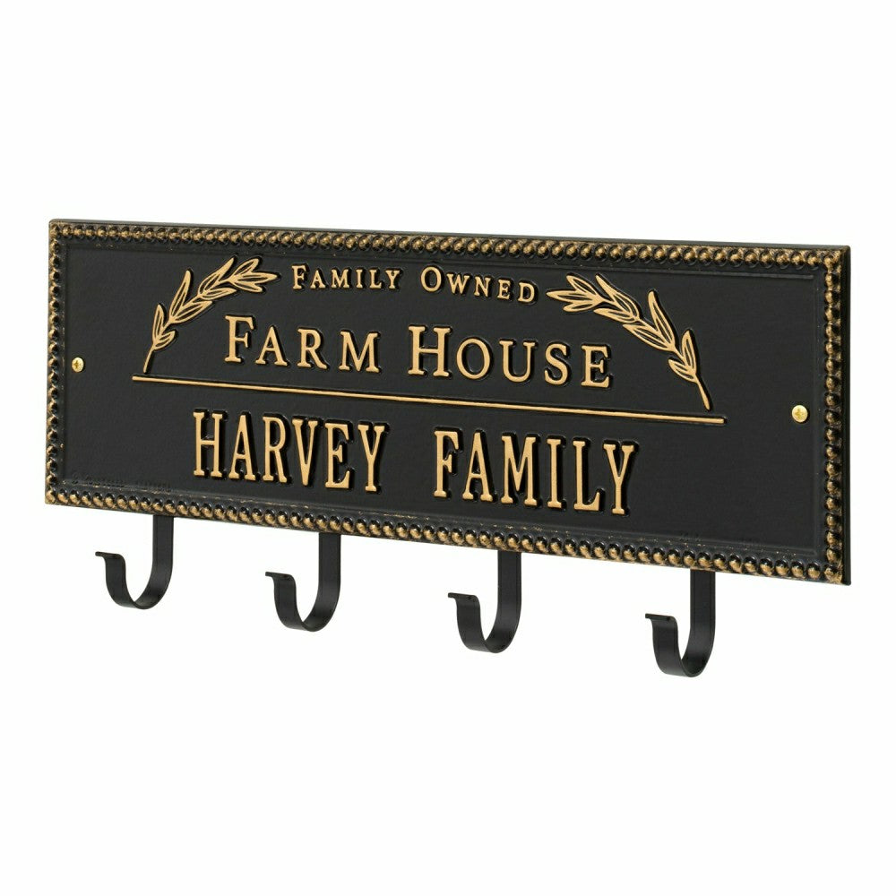 Farm House Beaded Rectangle Personalized Hook Plaque, Black/Gold | Plow & Hearth