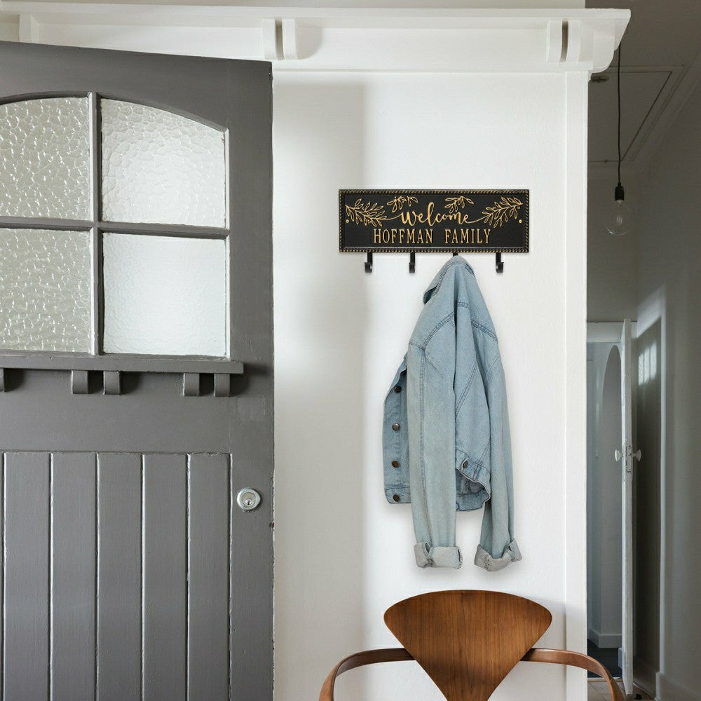 Kinsley Welcome Beaded Rectangle Hook Plaque, Black/Gold | Plow & Hearth