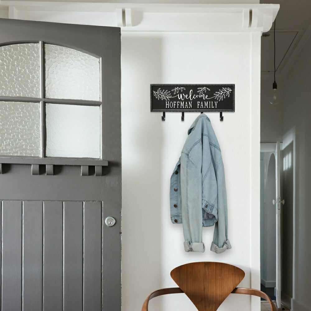 Kinsley Welcome Beaded Rectangle Hook Plaque, Black/Gold | Plow & Hearth