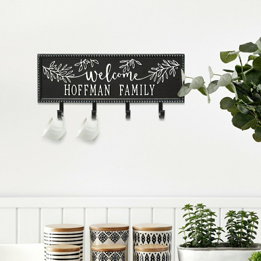 Kinsley Welcome Beaded Rectangle Hook Plaque, Black/Gold | Plow & Hearth