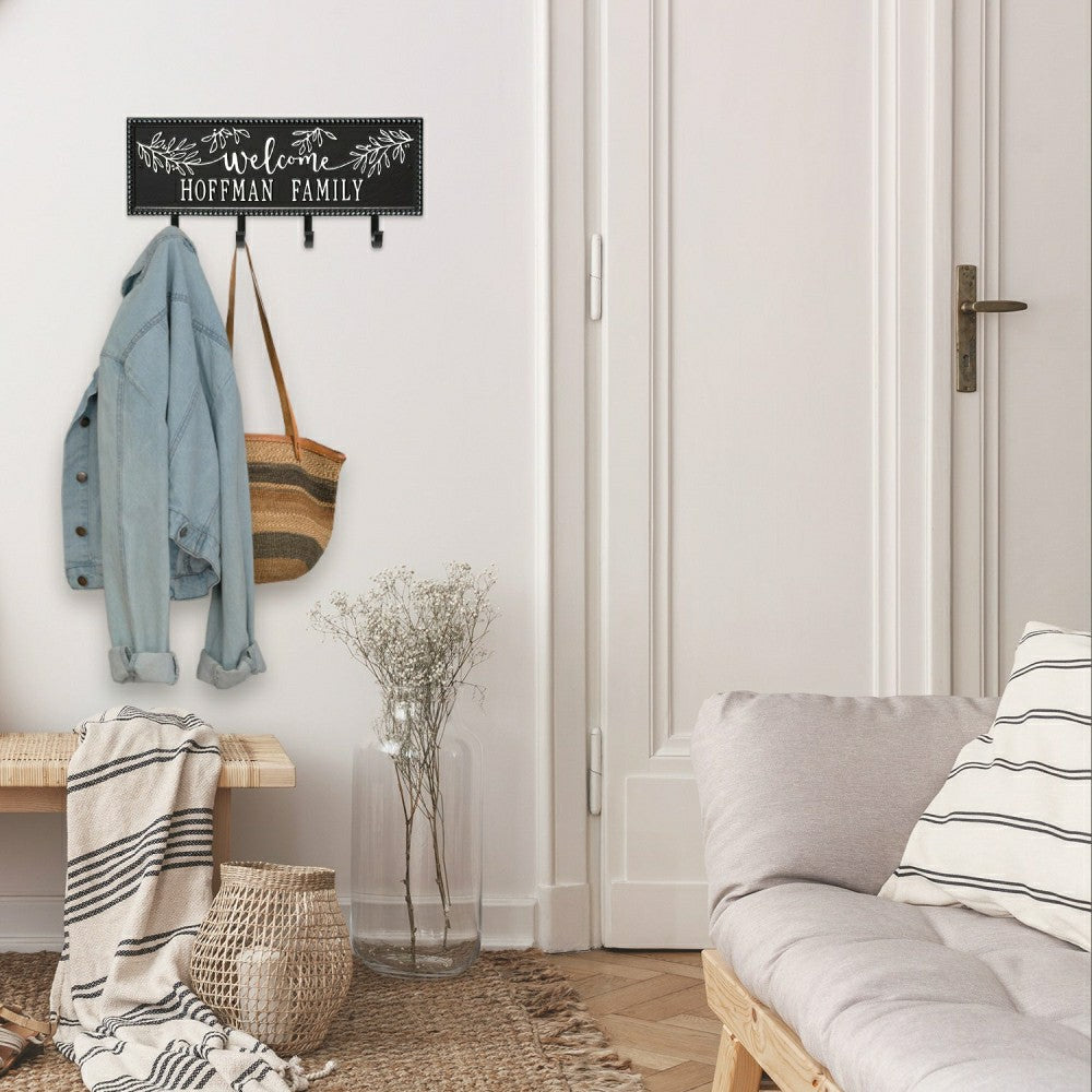 Kinsley Welcome Beaded Rectangle Hook Plaque, Black/Gold | Plow & Hearth