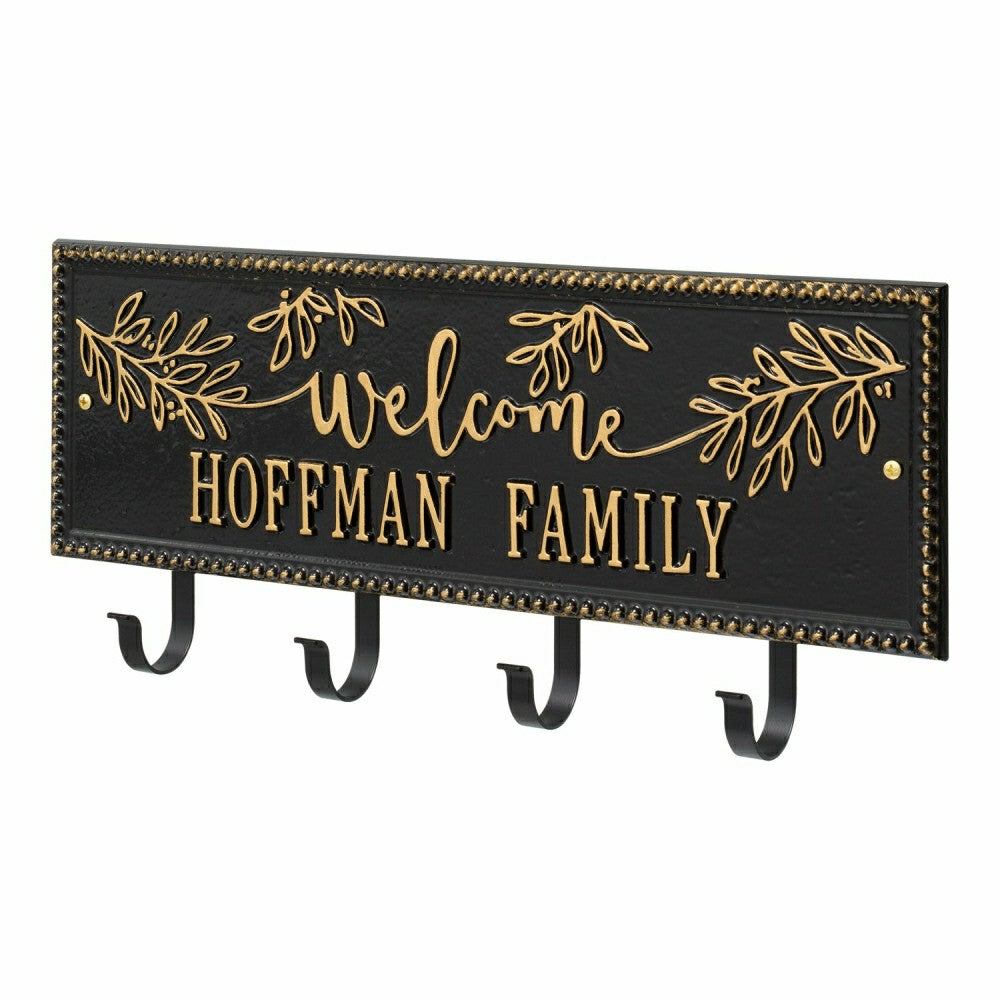 Kinsley Welcome Beaded Rectangle Hook Plaque, Black/Gold | Plow & Hearth