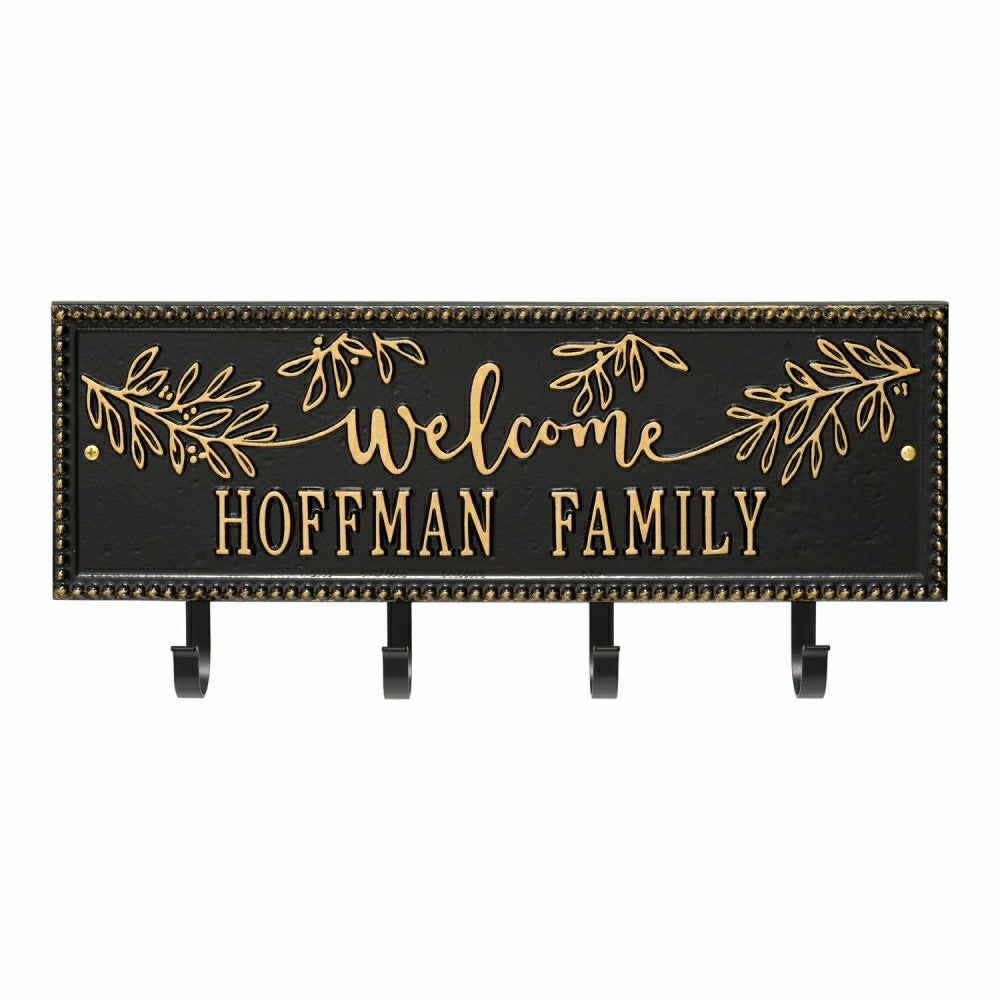 Kinsley Welcome Beaded Rectangle Hook Plaque, Black/Gold | Plow & Hearth