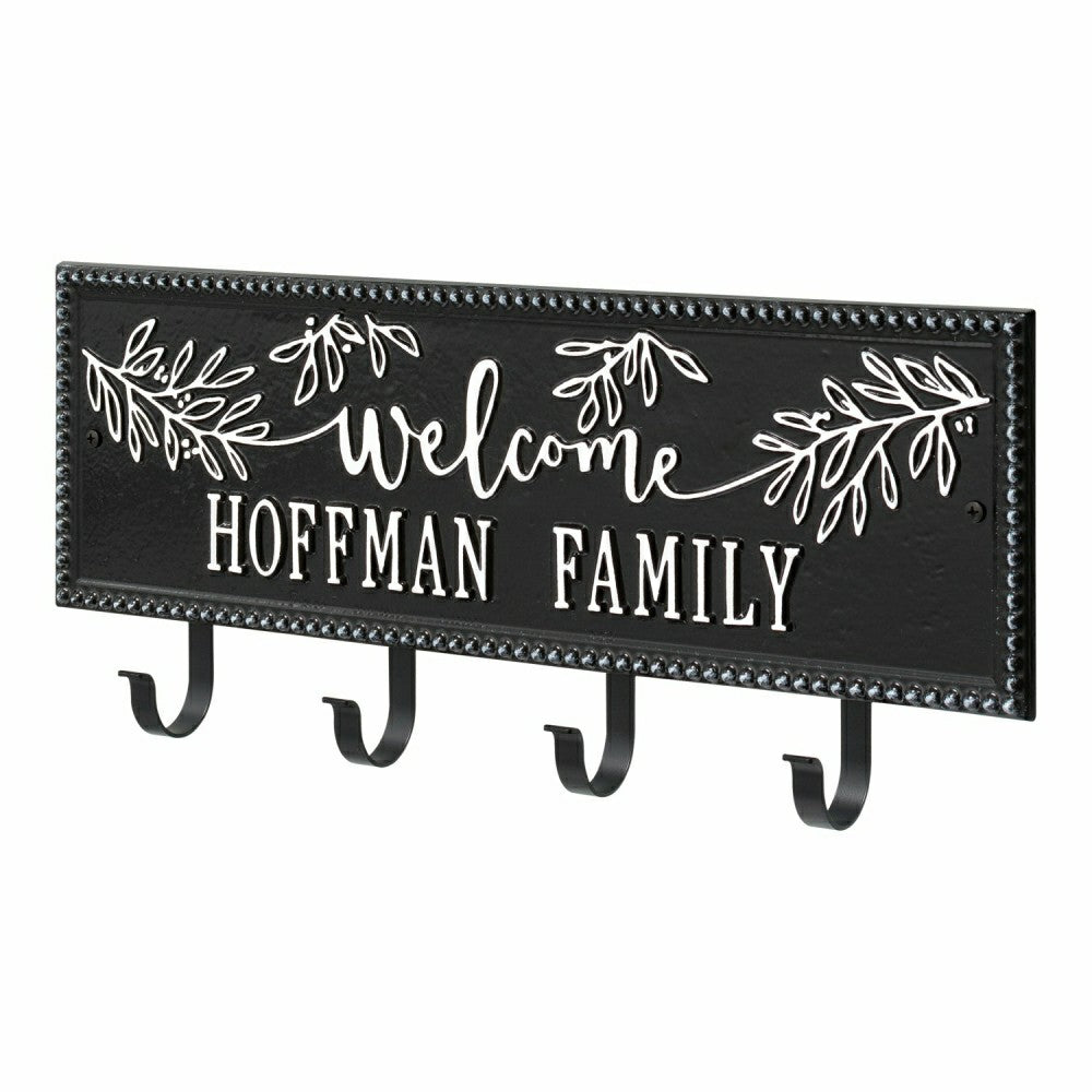 Kinsley Welcome Beaded Rectangle Hook Plaque, Black/Gold | Plow & Hearth