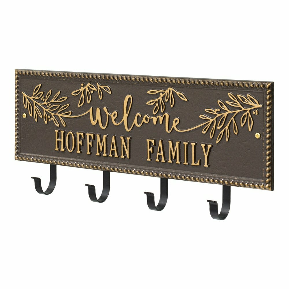 Kinsley Welcome Beaded Rectangle Hook Plaque, Black/Gold | Plow & Hearth