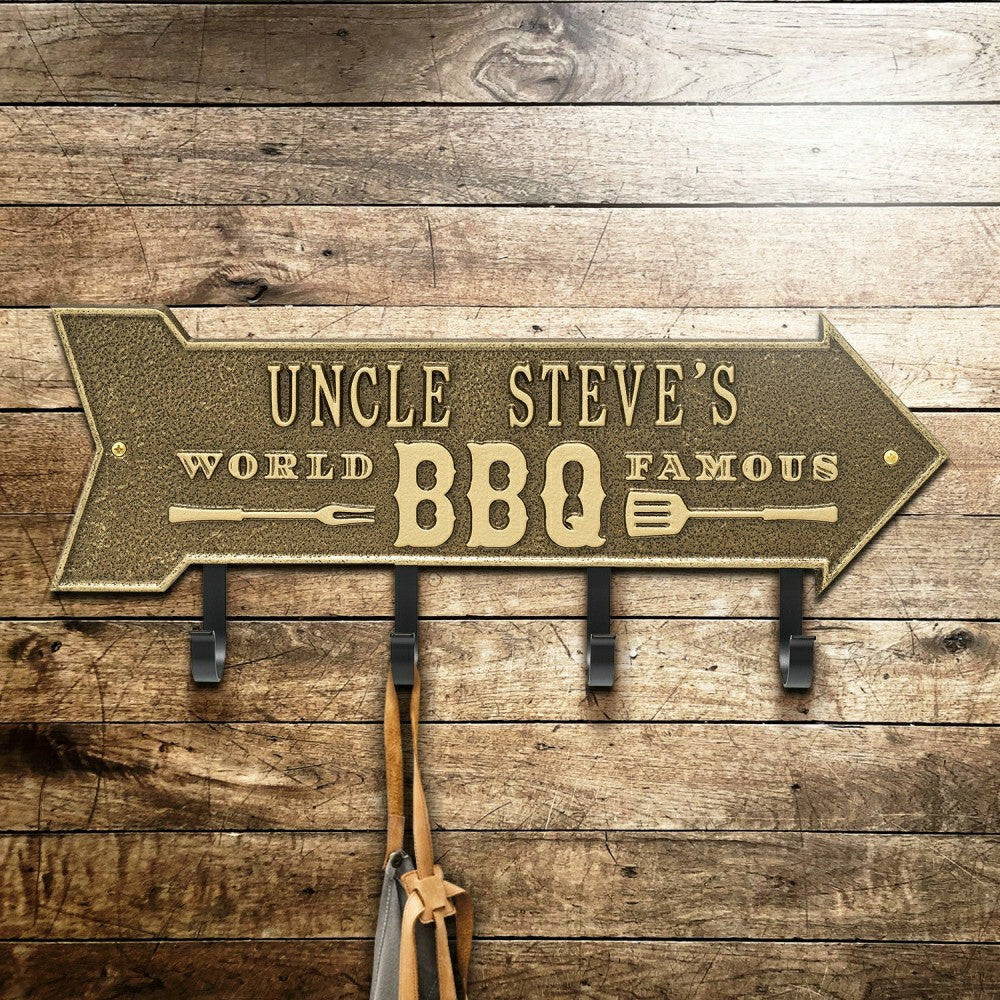 World Famous BBQ Arrow Hook Plaque, Antique Brass | Plow & Hearth